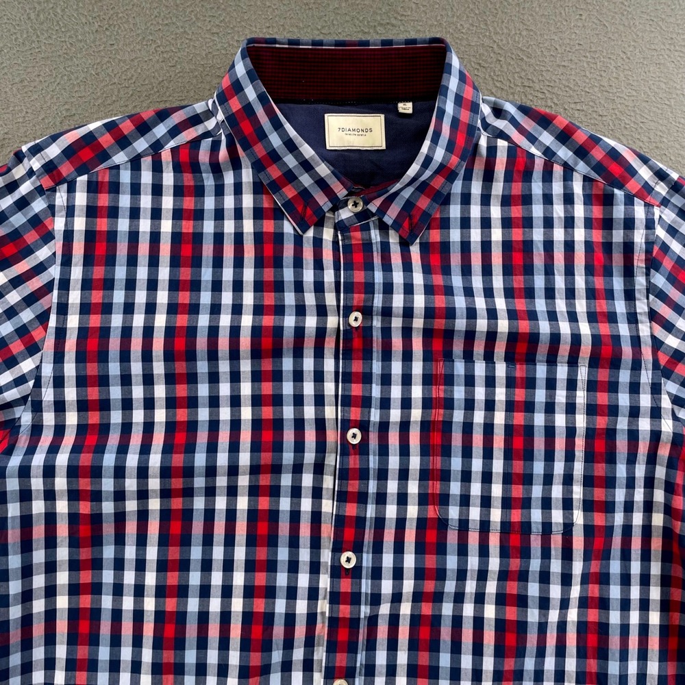 7 Diamonds Men Shirt Cotton Spandex XL Red Blue Plaid Preppy SMK-6014